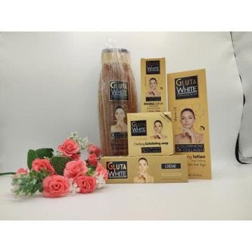 Gamme Gluta White: gel douche, lait 250ml, crème (visage/tube), savon, sérum 5 pièces en tout