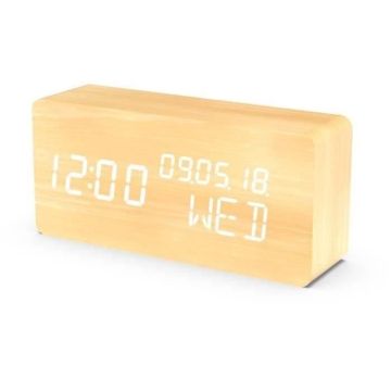 Réveil 4 en 1 - EVOOM - Modèle WOOD - Horloge, Thermomètre, Calendrier - Couleur Naturel - Radio numérique