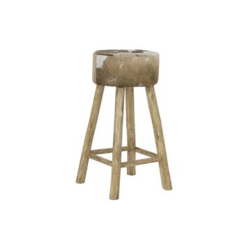 tabouret naturel bois marron cuir blanc (42 x 42 x 77 cm)