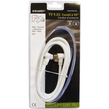 Vidéo: Cordon TV Hertzien non filtré 9,52 mm mâle-femelle coudés 90° + adaptateur mâle-mâle - 2m