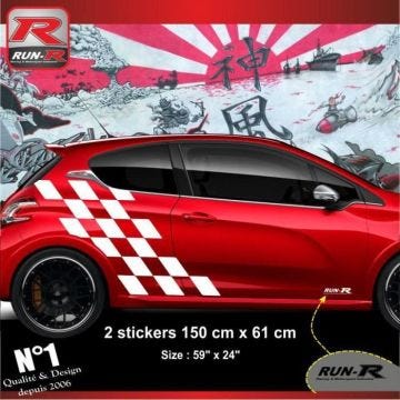 2 stickers bas de caisse pour PEUGEOT 208 DAMIER RALLYE - BLANC
