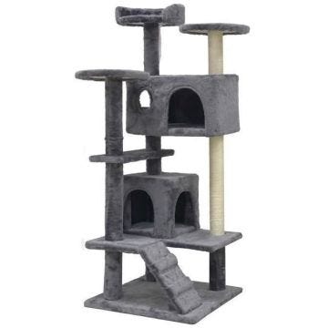 SUZI - Arbre à chat gris 50 x 50 x 125 cm 5 plateformes – 2 niches – 1 escalier et poteaux à griffer