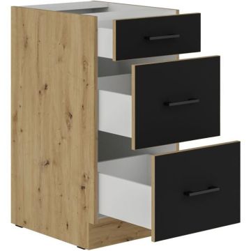 MODENA - Meuble bas casserolier - 3 tiroirs - 40 x 52 x 82 cm - Chêne artisan / Noir mat - Plan de travail non inclus