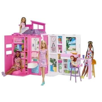 Barbie - Maison de vacances - Coffret et poupée, 4 zones et 11 accessoires