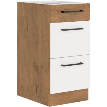 ROCK - Meuble bas casserolier - Mélaminé chêne Lancelot et Blanc brillant - 40 cm - 3 tiroirs - Plan de travail non inclus