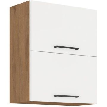ROCK - Meuble haut - Mélaminé chêne Lancelot et Blanc brillant - 60 cm - 2 portes basculantes