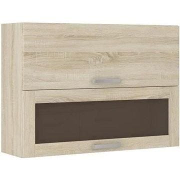 Meuble haut vitré 2 portes basculantes - L 80 x P 31,6 x H 72 - Décor chêne sonoma - LASSEN